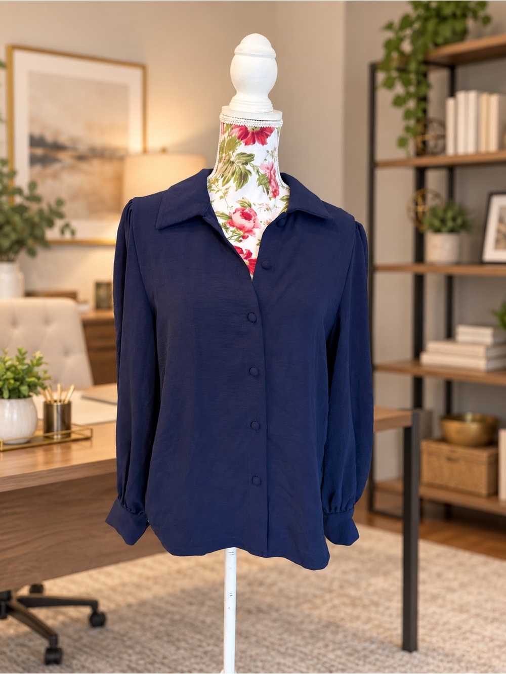 CUPSHE Navy Blue Button-Front Long Sleeve Blouse Size S NWOT